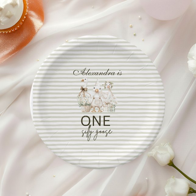 Prato De Papel Silly Goose 1st Birthday Green Stripes  (Criador carregado)