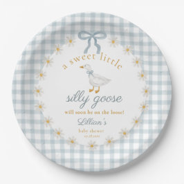 Prato De Papel Silly Goose Blue Bow Daisy Gingham Baby Shower