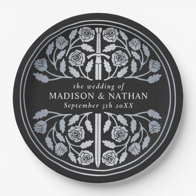 Prato De Papel Silver Black Royal Medieval Sword Wedding  (Frente)