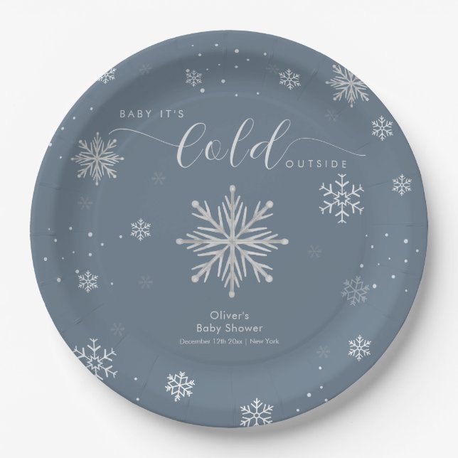 Prato De Papel Silver Blue Magical Winter Snowflake Baby Shower  (Frente)