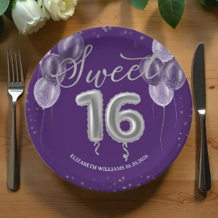 Prato De Papel Silver Foil Sweet 16 Bday Balloons Party Purple