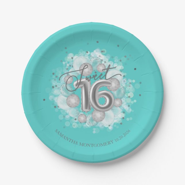 Prato De Papel Silver Foil Sweet 16 Birthday Balloons Party Teal (Frente)