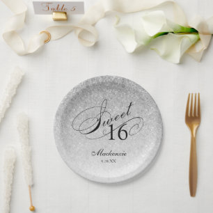 Prato De Papel Silver Glitter Sweet 16 Personalizado