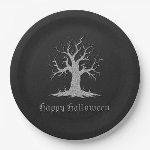 Prato De Papel Silver Spooky Tree Halloween
