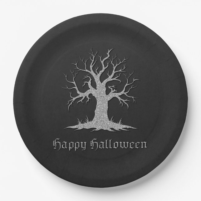 Prato De Papel Silver Spooky Tree Halloween (Frente)