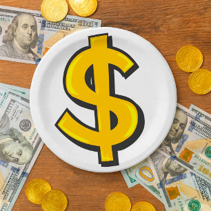 Prato De Papel Símbolo de Dólar Dourado Negrito Amarelo Dinheiro