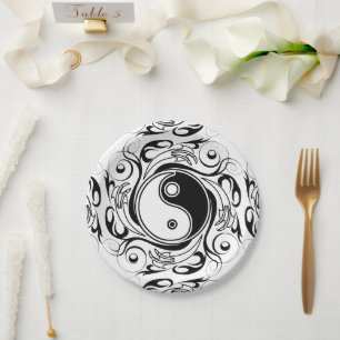 Prato De Papel Símbolo Yin & Yang Preto e Branco Estilo Tatuagem