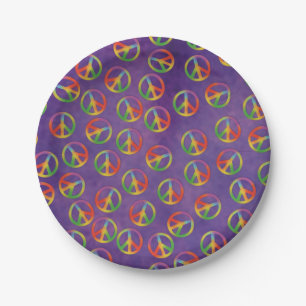 Prato De Papel Símbolos da Paz em Tie Dye no Roxo