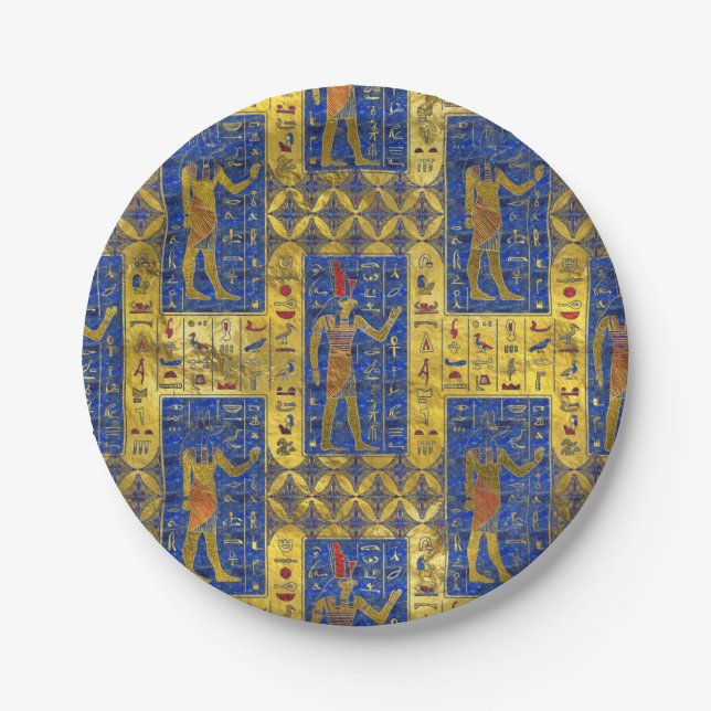 Prato De Papel Símbolos Dourados egípcios no Lazuli de Lapis (Frente)