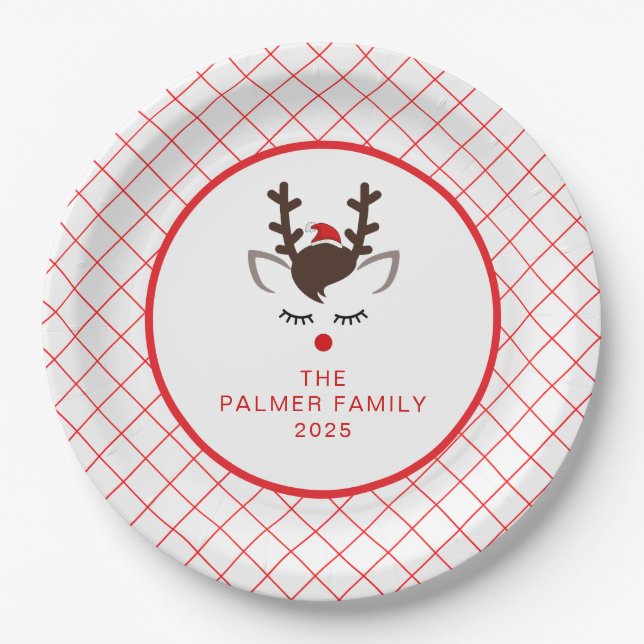 Prato De Papel Simple Elegant Reindeer Christmas Family Name (Frente)