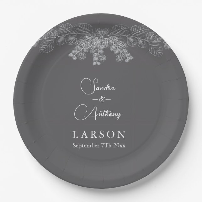 Prato De Papel Simple Gray Line Art Eucalyptus Wedding Napkins (Frente)