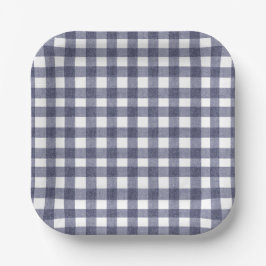 Prato De Papel Simple navy gingham paper plates