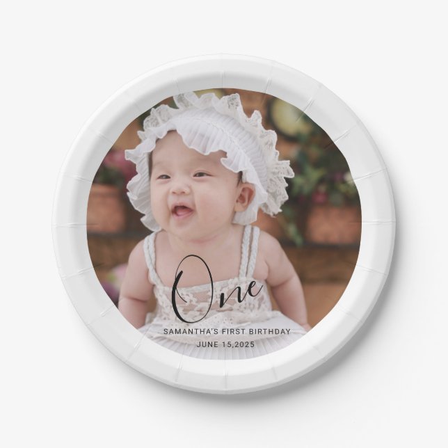 Prato De Papel Simple Typography Photo First Birthday (Frente)