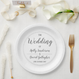 Prato De Papel Simples Cinza Prata e Branco Dia de Casamento