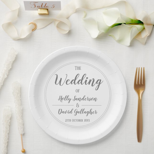 Prato De Papel Simples Cinza Prata e Branco Dia de Casamento (Casamento)