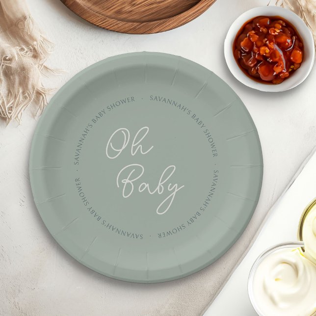 Prato De Papel Simples Moderno Oh Baby Script Sage Chá Verde (Oh Baby paper plates from my Tricolor Baby Shower Collection)