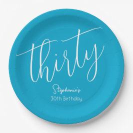 Prato De Papel Simples moderno Script Aqua Blue aniversário de 30