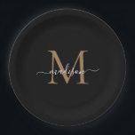 Prato De Papel Simples Preto Monograma Dourado Nome do Script Fem<br><div class="desc">Simples preto Monograma Dourado Nome do Script Feminino</div>