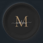 Prato De Papel Simples Preto Monograma Dourado Nome do Script Fem<br><div class="desc">Simples preto Monograma Dourado Nome do Script Feminino</div>