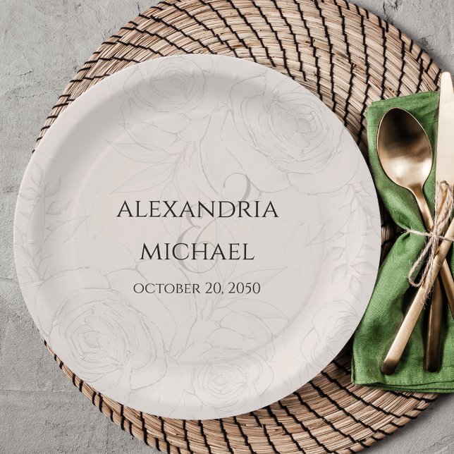 Prato De Papel Simples Script De Caligrafia De Blush Floral Elega (Elegant blush floral paper plate with calligraphy script ampersand. )