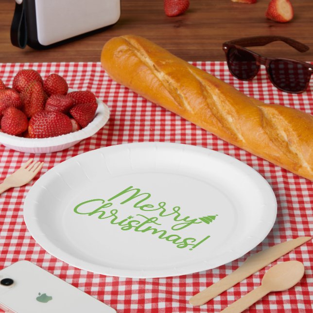 Prato De Papel Simples texto Verde Feliz Natal em Branco (Piquenique)