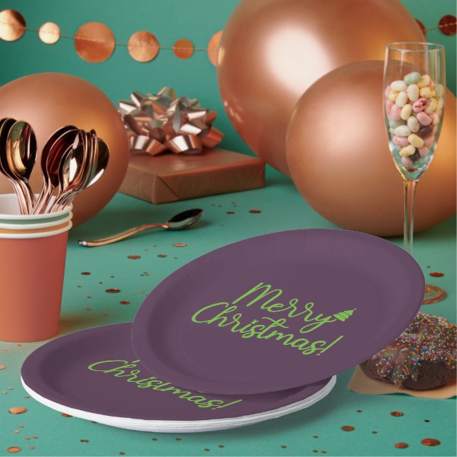 Prato De Papel Simples texto Verde Feliz Natal em Violeta (Múltiplo)