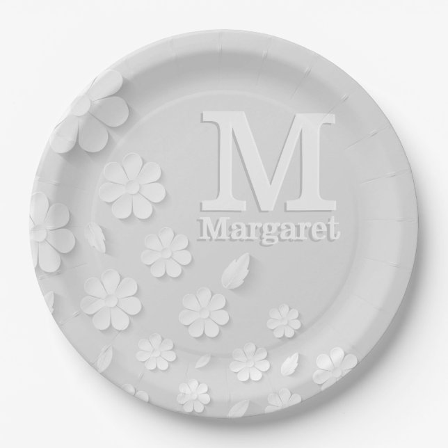 Prato De Papel Sinais brancos, florais, gravados, personalizados (Frente)