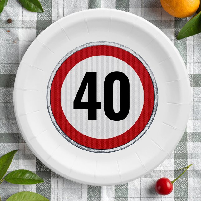 Prato De Papel Sinal de Limite de Velocidade de Aniversário de 40 (Criador carregado)