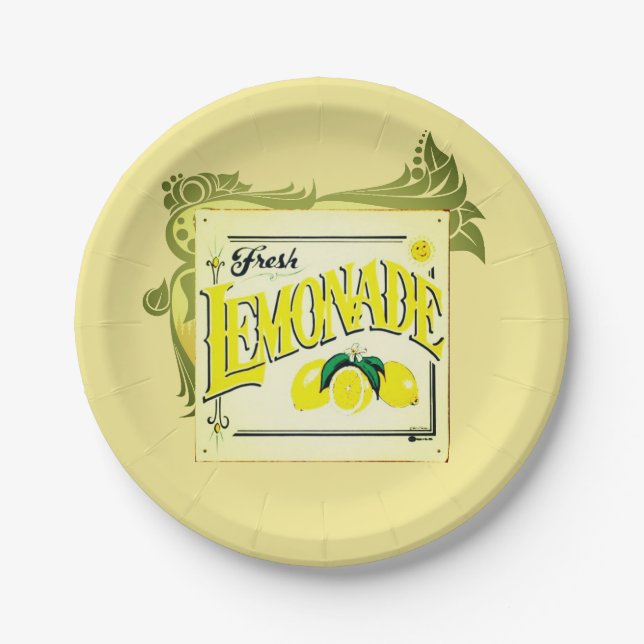Prato De Papel Sinal de limonada vintage limão fruta amarelo verd (Frente)