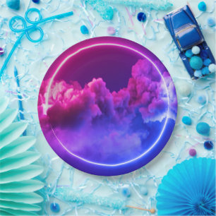 Prato De Papel Sinal Neon Personalizado - Nuvens Rosa e Roxo