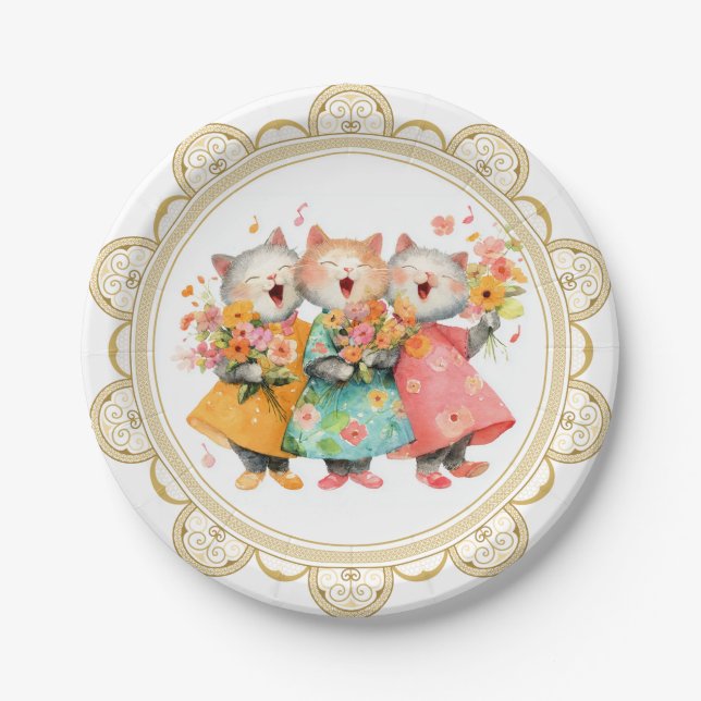 Prato De Papel Singing Cats Holding Bouquets (Frente)
