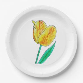 Prato De Papel Single Yellow Tulip Red Highlights