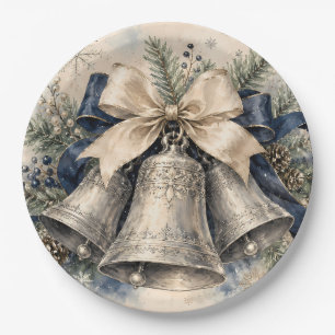 Prato De Papel Sinos de Natal Prateados Elegantes em Aquarela