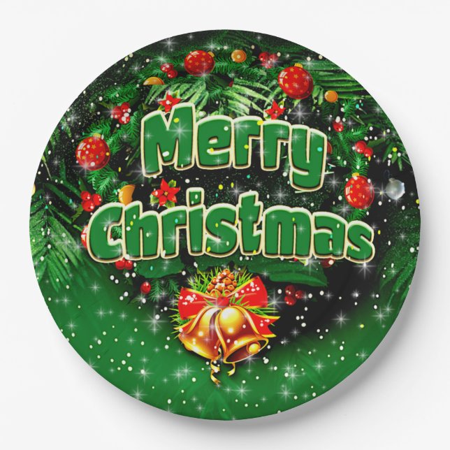 Prato De Papel Sinos Dourados de Natal Verde de 9" (Frente)
