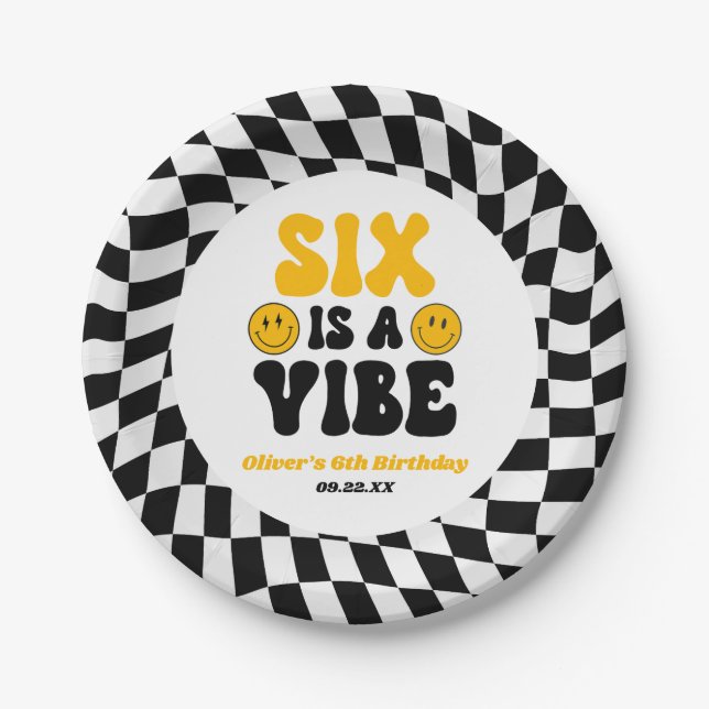 Prato De Papel Six Is A Vibe Retro Sixth 6th Birthday Party (Frente)