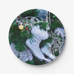 Prato De Papel Skates de gelo azuis e com pelo na árvore de Natal