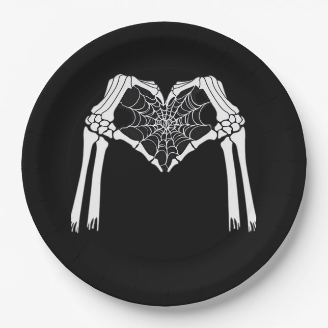 Prato De Papel Skeleton Mãos Coração Cobweb (Branco) Clássico (Frente)