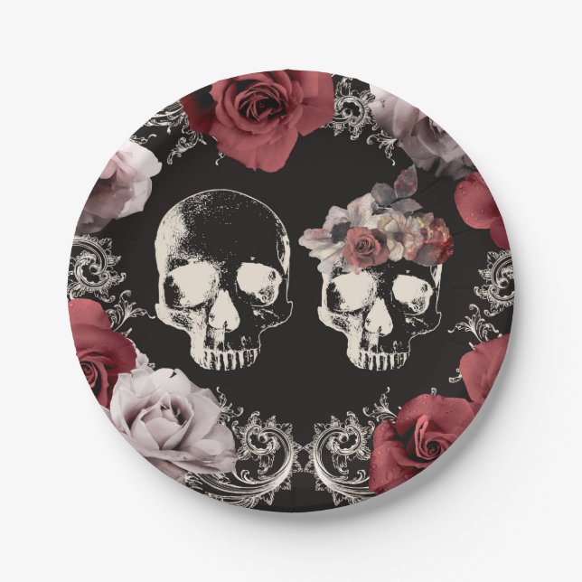 Prato De Papel Skeleton Skull Mauve Dusty Rosa Gothic Weding (Frente)