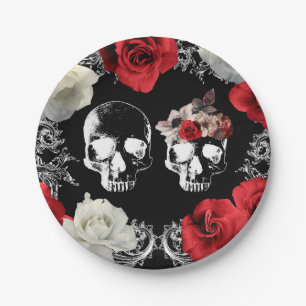 Prato De Papel Skeleton Skull Red White Roses Gothic Wedes