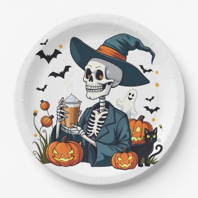 Prato De Papel Skeleton Spookeen Sippin Pumpkin Spice (Frente)