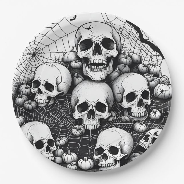 Prato De Papel Skulls Humanas Spooky Aranhas Bats Bats Halloween (Frente)