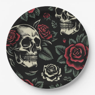 Prato De Papel Skulls & Rosa vermelha Gothic Floral