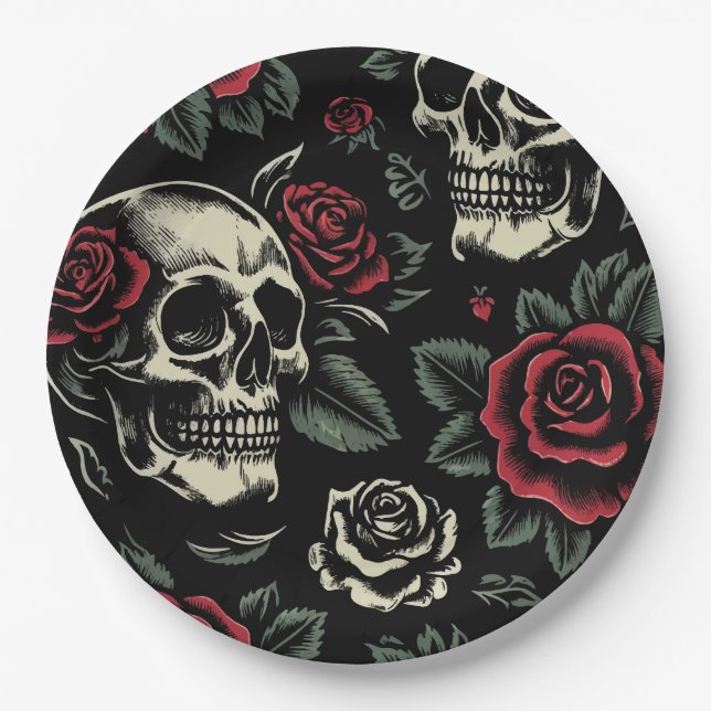 Prato De Papel Skulls & Rosa vermelha Gothic Floral (Frente)