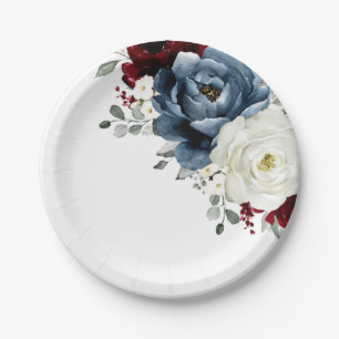 Prato De Papel Slate Blue Burgundy White Ivory Floral Casamento