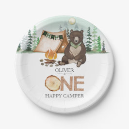 Prato De Papel S'more Camping Bear ONE Happy Camper primeiro aniv