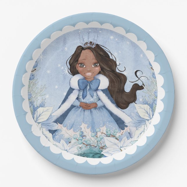 Prato De Papel Snowden Winter African American Princess Birthday (Frente)