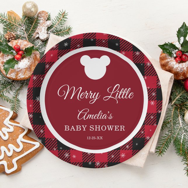 Prato De Papel Snowflake Red Plaid Merry Little Baby Shower (Criador carregado)