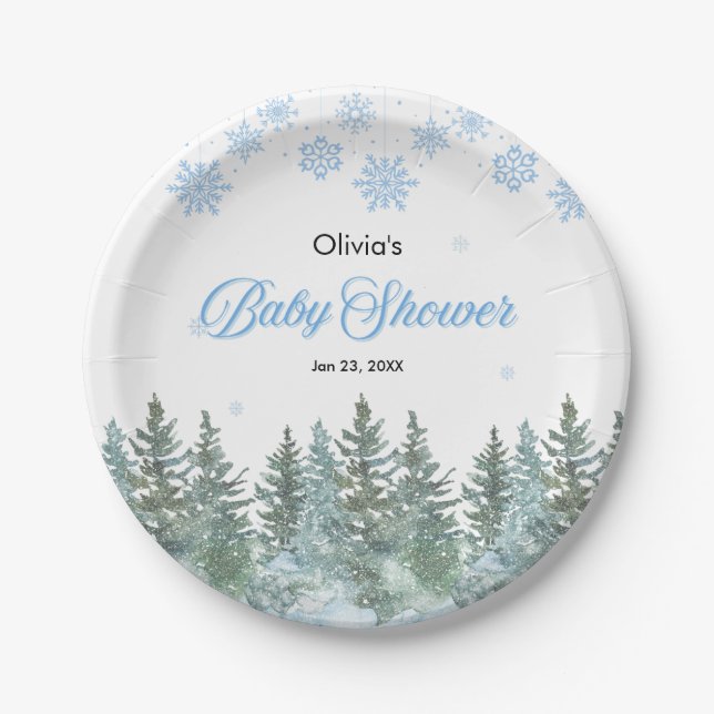 Prato De Papel Snowflakes Pine Trees Winter Baby Shower  (Frente)