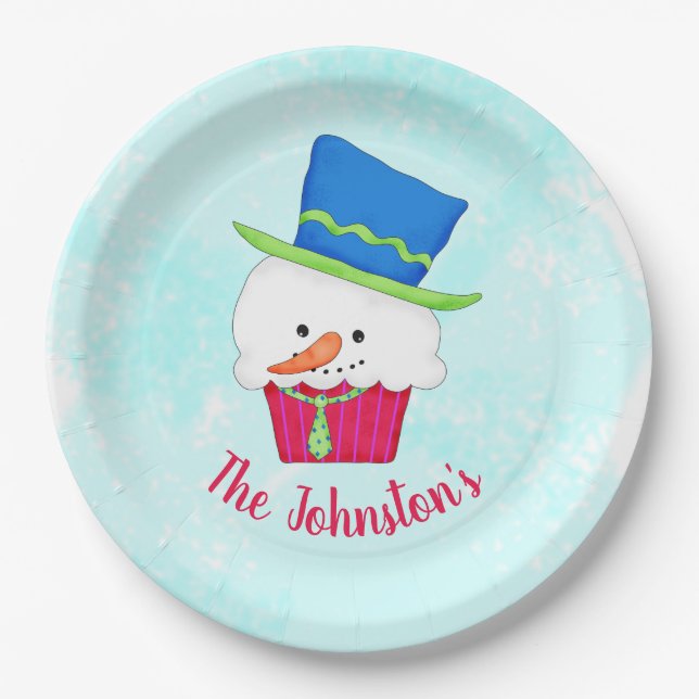 Prato De Papel Snowman Cupcake Name Personalized Dessert Party (Frente)