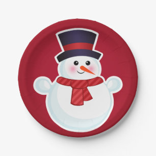 Prato De Papel Snowman de Natal em Fundo Vermelho
